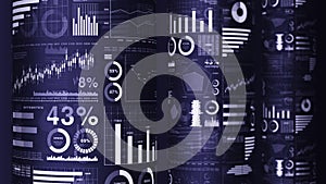 Financial bar charts and growing graphs. Business infographics with depth of field on dark blue background. Business success, grow