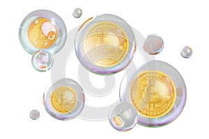 Financial bubble concept. Bitcoins inside soap bubbles, 3D rendering