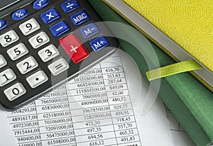 Financial and budget concept. Calculator, accounting books and financial documents on office table