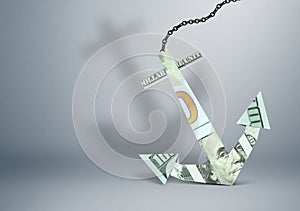 Financial burden concept, anchor made of money, copy space photo