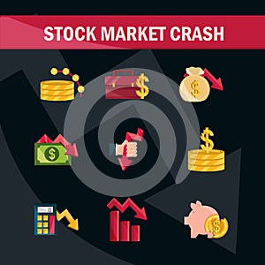 Financial business crisis economy money stock market crash icons set