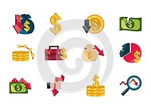 Financial business crisis economy money stock market crash icons set isolated icon