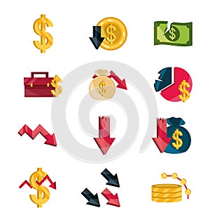 Financial business crisis economy money stock market crash icons set isolated icon