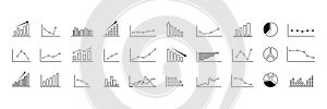 Financial business diagram, charts, numbers. Vertical bar, line and pie graphs, charts. Black and white design. Vector