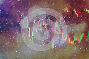 Financial candlestick chart with line graph and stock numbers on gradient blue color background