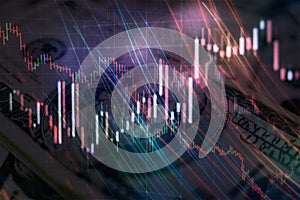 Financial candlestick chart with line graph and stock numbers on gradient blue color background