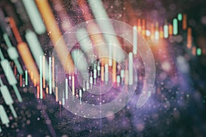 Financial candlestick chart with line graph and stock numbers on gradient blue color background