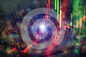 Financial candlestick chart with line graph and stock numbers on gradient blue color background