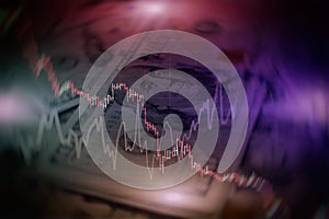 Financial candlestick chart with line graph and stock numbers on gradient blue color background