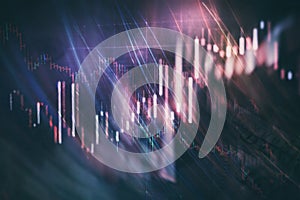 Financial candlestick chart with line graph and stock numbers on gradient blue color background