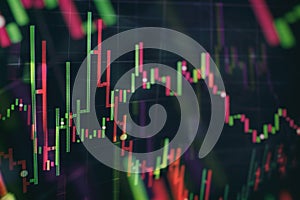 Financial candlestick chart with line graph and stock numbers on gradient blue color background