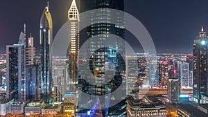 Financial center of Dubai city with luxury skyscrapers all night timelapse, Dubai, United Arab Emirates