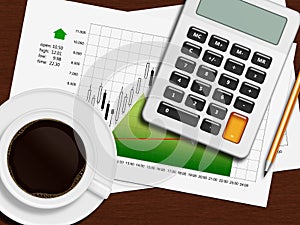 Financial chart, calculator and pencil lying on wooden desk in o