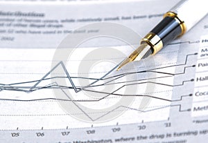 Financial chart and graph near business fountain pen