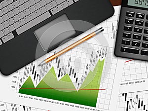 Financial chart, laptop and calculator lying on desk in office