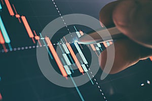 Financial chart with pen, stock analysis data for business background on digital screen. Graphs of the growth of the financial