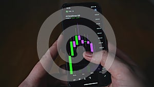 Financial chart on phone. Media. Close-up of man viewing cryptocurrency on phone diagram. Cryptocurrency and stock