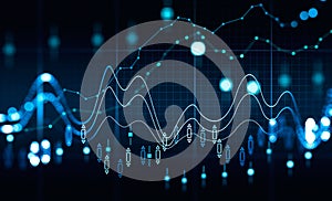 Financial chart and rising graph with lines and forex candlesticks