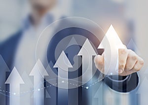 Financial chart showing growth. Growing revenue and profit. Person touching chart with arrows pointing up. Successful business