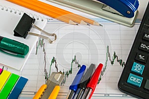 Financial chart on a white background with calculator, coins, pens, pencils and paper clips