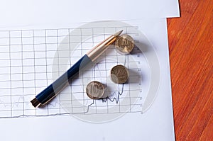 Financial charts with lying pen and stacks of coins.