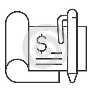 Financial check thin line icon, Payment problem concept, checkbook sign on white background, Bank check with dollar and