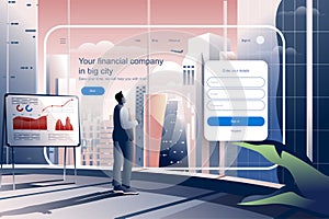 Financial company in big city concept. Business analyst services website layout. Accounting, data analysis, consulting, growth and