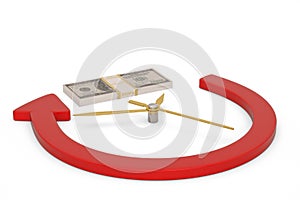 Financial concept arrow clock with dollar heap isolated on white background 3D illustration