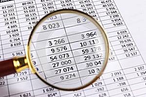 Financial concept. Calculator, pen and glasses on financial documents. Financial accounting. Balance sheets. Closeup of financial