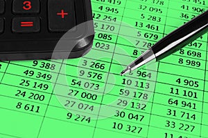 Financial concept. Calculator, pen and glasses on financial documents. Financial accounting. Balance sheets. Closeup of financial