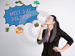Financial concept meaning NEXT DAY DELIVERY with sign on the gray wall