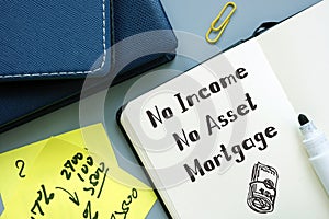 Financial concept meaning No Income  No Asset Mortgage NINA with sign on the sheet