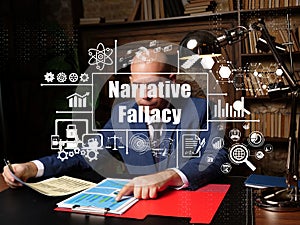Financial concept about Narrative Fallacy with bald man checking agreement document on background