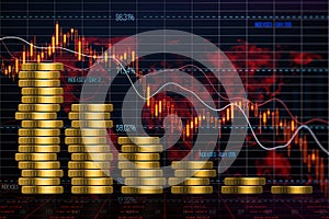 A financial concept with stacks of coins and a downward trending market graph on a red and blue background.