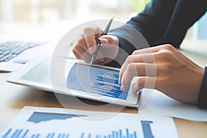 Financial consultant explaining plan with tablet and market stats