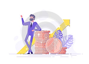 Financial consultant leaning on a stack of coins smiles friendly and waves with hand. Successful investor or entrepreneur.