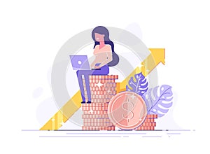 Financial consultant leaning on a stack of coins smiles friendly and waves with hand. Successful investor or entrepreneur.