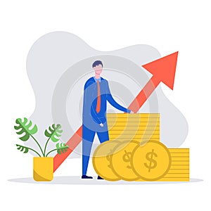 Financial consultant leaning on a stack coins. Successful investor, return on investment, mutual fund, money saving. Modern vector