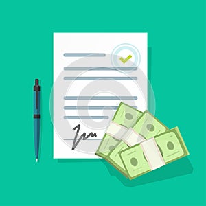 Financial contract with money giving vector illustration, flat cartoon paper document or agreement with signature, stamp