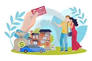 Financial credit for shopping, vector illustration. Man woman character use banking card for finance deposit and