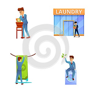 Financial crime icons set cartoon vector. Businessman doing money laundering