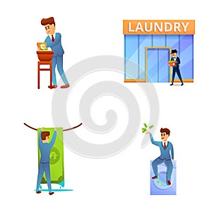 Financial crime icons set cartoon vector. Businessman doing money laundering photo