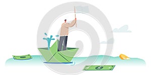 Financial Crisis Bankruptcy Concept. Bankrupt Businessman Character Stand at Sinking Paper Ship Waving White Flag in Sea
