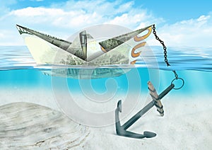 Financial crisis concept, ship made of money with anchor