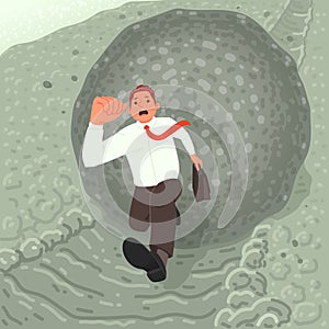 Financial crisis or debt threat concept. A frightened businessman runs away from a boulder rolling down the mountain