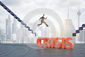 Financial crisis and risk management concept with businessman in black suit jumping from stairs between gap with crisis word to