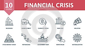 Financial Crisis set icon. Contains financial crisis illustrations such as unemployment, bank run, stock market crash