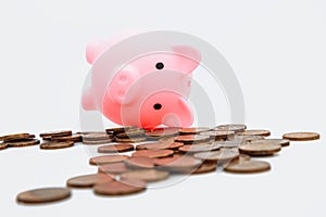 Financial crisis symbol. Economic impact global recession. Dead Pink Piggy bank and coins on white background.