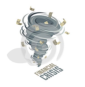 Financial crisis tornado whirlwind takes money banknotes, strong wind swirl taking money vector concept