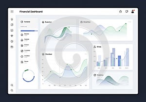 Financial dashboard interface featuring multiple data visualization elements. Includes line graphs,
